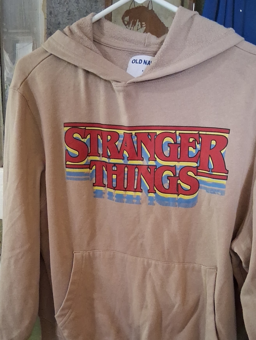 Old Navy Tan Hoodie with Red and Blue 'Stranger Things' Logo